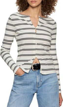 Sanctuary Stripe Button Front Long Sleeve Rib Top in Chalk White/Black Stripe at Nordstrom, Size X-Small