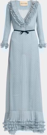 Valentino Garavani Polka Dot Layered Ruffle Sheer Gown with Ribbon