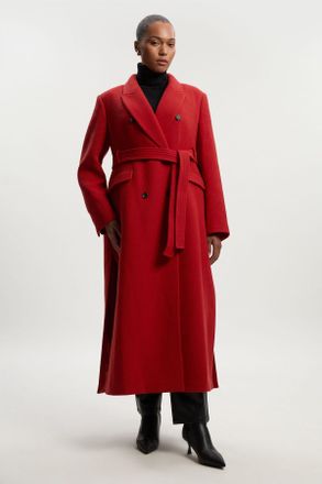 Karen Millen Womens Plus Size Wool Double Breasted Belted Tailored Maxi Coat - Red - Size 18 UK