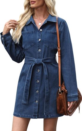 Fengbay Denim Dresses for Women Fall Winter Ladies Long Sleeve Button Down Denim Shirt Dresses with Pocket