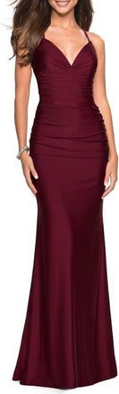 La Femme Form Fitting Jersey Dress with Ruching and Strappy Back in Dark Berry at Nordstrom, Size 12