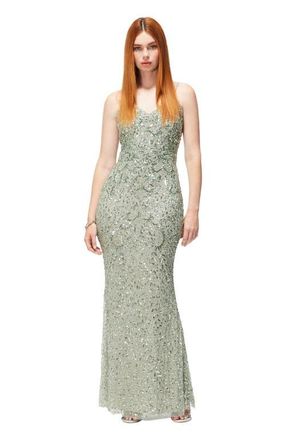 Beauut Occasion Embellished Sequin Beaded V Neck Evening Dress in Sage Green at Nordstrom, Size 8