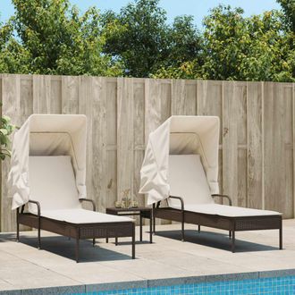vidaXL Tumbonas Con Capota Y Mesa 2 Uds Rat&aacute;n Sint&eacute;tico Marr&oacute;n Vidaxl