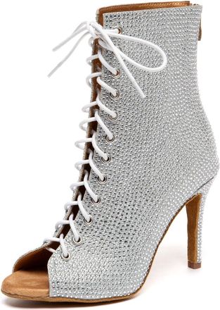 Minitoo Sexy Dancing Boots Heels for Women with Rhinestones Evening Prom Sandals Shoes L664 Silver 9.3cm Heel UK 7.5