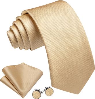 Barry.Wang Beige Tie Mens Silk Champagne Necktie Pocket Square Cufflinks Set Wedding Formal