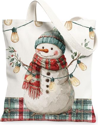 Generic Festive Canvas Tote Bags, Cute Snow Man Pattern Reusable Shopping Bags, Lightweight Washable Shoulder Strap Canvas for Holi, White, 13x15 Inch