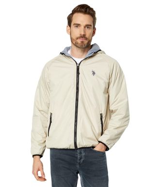 U.S.Polo Association Mens Reversible Softshell to Fleece Hoodie Cotton Lightweight Jacket, Oatmeal, XL