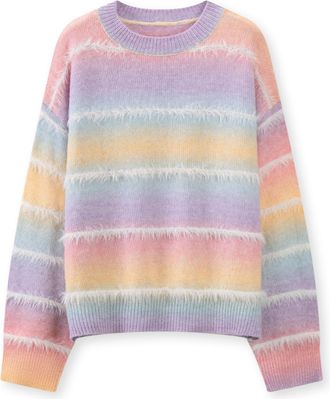 Generic Pastel Rainbow Striped Knit Sweater with Fuzzy Trim, Long Sleeve Crewneck, Pink Purple Blue Yellow Ombre Pattern for Women (UK, Alpha, S, Regular, Reg
