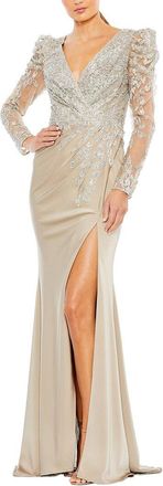 Mac Duggal Embellished Faux Wrap Illusion Puff Sleeve Gown