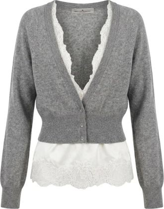 Ermanno Scervino Cardigan met V-hals en kanten rand - Dames - Cashmere truien - Grijs - M - Kasjmier - Truien & Vesten