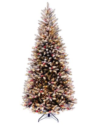 National Tree Company 7.5Ft Dunhill Fir Slim Tree With Snow, Red Berries, Cones And Clear Lights