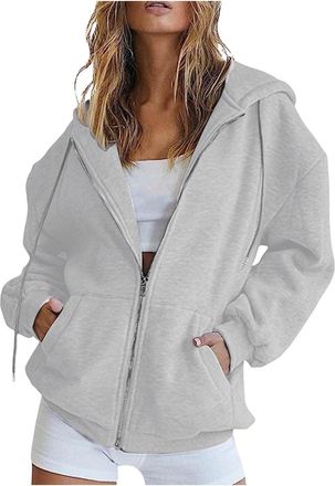Generic Hoodies for Women Uk Ladies Full Zipper Hoody Sweatshirts Oversized Hoodie Jackets Casual Long Sleeve Plain Pullover Fashion Cardigans Tops Loose Fit 