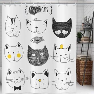 OEM Cortina De Ducha Divertida Con Motivo De Gato (180 X 200 Cm), Dise&ntilde;o Abstracto En Blanco Y Negro Con Bigote, Pajarita, Sombrero Y Corona Esponjosa - C
