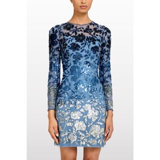 Jenny Packham Jazz Sequin-Embellished Floral-Pattern Mini Dress in Denim at Nordstrom, Size 16 Uk