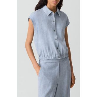 Theory Dolman Sleeve Crop Linen Blend Chambray Button-Up Shirt in Sky Blue at Nordstrom, Size X-Large