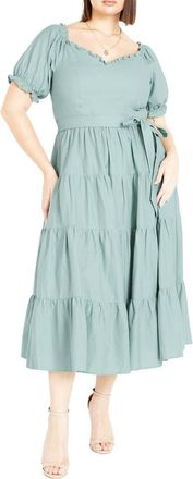 City Chic Puff Sleeve Tiered Midi Dress in Blue at Nordstrom