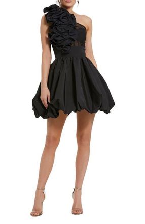 Mac Duggal Taffeta One Shoulder Ruffle Bubble Mini Dress in Black at Nordstrom, Size 0