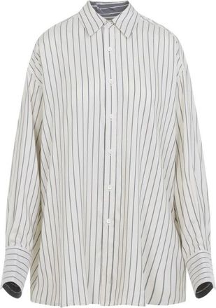 Carven Off-White Silk Shirt With Vertical Grey Stripes And Pointed Collar