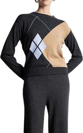 Kaos Argyle Jacquard Ronde Hals Trui - Dames - Ronde hals truien - Grijs - L - Wol - Truien & Vesten
