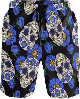 Alaza Beach Shorts, Sugar Skull Blue Flower Mens Trunks Swim Shorts Quick Dry with Pockets for Summer Surfing Boardshorts Gym Outdoor Water Sports, Large