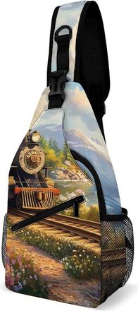 Generic Vintage Steam Train in Spring Unisex Shoulder Bags Casual Crossbody Chest Bag Sling Backpack for Hiking Cycling Travel