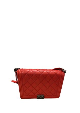 Chanel Red Leather Quilted Large Boy Bag Size L