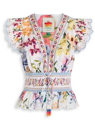 Farm Rio Greek Garden Floral-printed Cotton Blouse - White - XL (UK16 / XL)