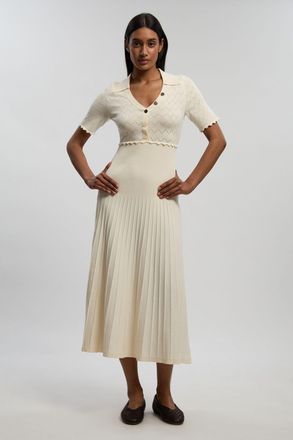 Karen Millen Womens Petite Knit Stitch Detail Rib Collared Short Sleeve Midi Dress - Cream polyamide - Size X-Small