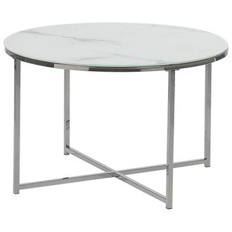 Beliani Mesa De Centro Efecto M&aacute;rmol De Vidrio Templado Blanco Plateado 70 Cm Quincy