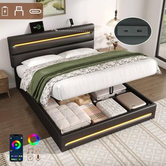 Matteo King Black Upholstered Bed Frame with Ottoman Storage, LED & USB Ports