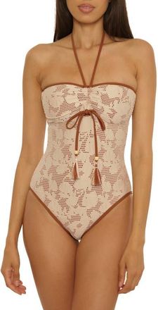 Lucky Brand Belize Ruched Lace Overlay One-Piece Swimsuit in Natural at Nordstrom, Size Medium