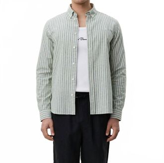 Les Deux Stripe Cotton Linen Shirt In Artichoke Green