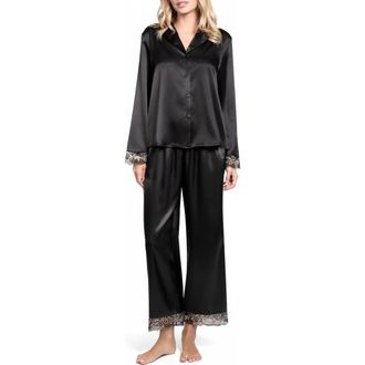 In Bloom by Jonquil Aviva Lace Trim Satin Cropped Pajamas in Black at Nordstrom, Size Small
