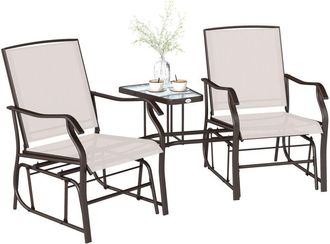 OUTSUNNY Outdoor Double Glider Rocking Chairs with Glass Top Middle Table, Metal Gliding Love Seat Conversation Furniture with Breathable Mesh Fabric Seat