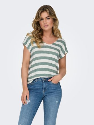 Only V-Shirt ONLY ONLLIRA LIFE S/S V-NECK TOP JRS NOOS, Damen, Gr. XL, gr&uuml;n (chinois gr&uuml;n stripes:cloud dancer), Jersey, Obermaterial: 95% Viskose, 5% Elas