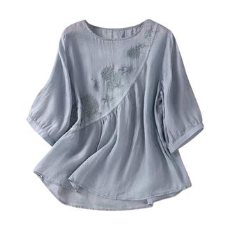 Generic Linen Tops for Women UK Summer Casual 4572 Sleeve Embroidery T Shirt Vintage Elegant Cotton Tops Boho Slim Fit Tunic Tee Blouse Plus Size Pullover Tee