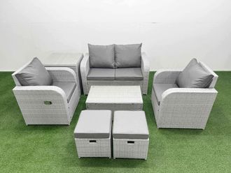Fimous Light Grey PE Wicker Rattan Garden Furniture Set Sofa Set Reclining Adjustable Chair Rectangular Coffee Table 6 Seater 2 Small Stools Side