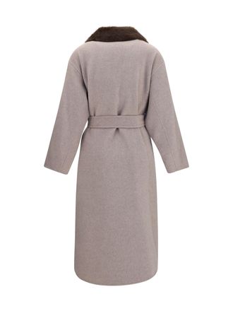 P.A.R.O.S.H. Womens Wool Coat With Fur Collar And Belt Tortora Merino Ovis Aries