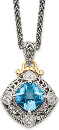 Diamond2Deal Sterling Silver with 14K Accent Diamond and Cushion Blue Topaz Pendant Necklace