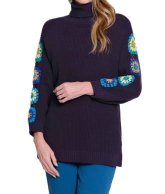 Multiples 3/4 Sleeve Solid Knit Mock Neck Sweater In Midnight