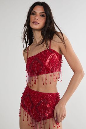 NASTY GAL Womens Diamante Embellished Tassel Beaded Crop Top - Red - Size 14 UK