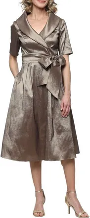 Alex Evenings Stretch Taffeta Faux Wrap Midi Cocktail Dress in Bronze at Nordstrom, Size 16