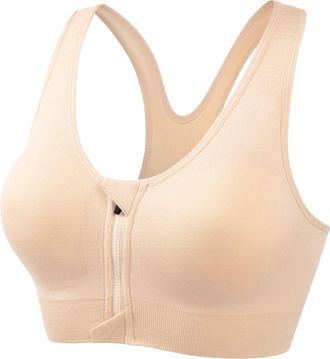 Generic Bra Sports Bras for Women Zip Front Sports Bra Wireless Post- Bra (Beige, XXXXXL)