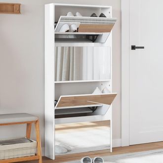 Berkfield Home Shoe Cabinet with Mirror 4-Layer High Gloss White 63x17x134 cm | Size: 63 x 17 x 134 cm