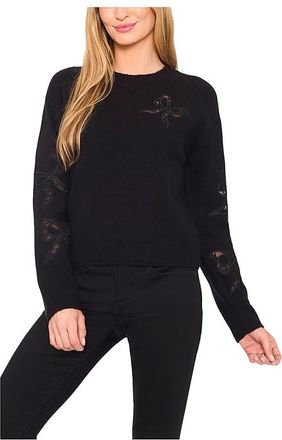 CeCe by Cynthia Steffe Lace Bow Crew Neck Sweater Womens Sweater Rich Black : XL, Nylon/Spandex