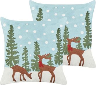 Beliani Beliani - Set of 2 Scatter Cushions Cotton Fabric Throw Pillow Christmas Motif Deers 45 x 45 cm Light Blue Peppermint