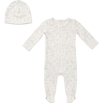 Fragile Girl Leaves Print Romper Set with Hat in Powder/petal at Nordstrom, Size 12M
