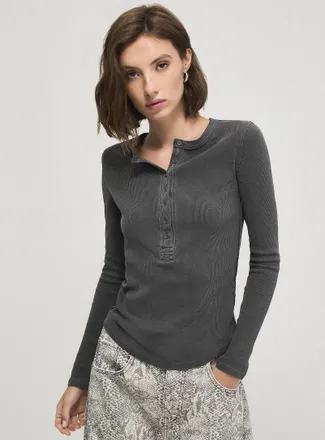 Free People Womens Jamie fine ribbing Henley Shirt T-shirt
