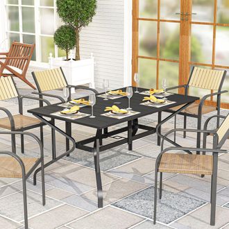 OUTSUNNY Garden Dining Table with Steel Frame & Slatted Top in Black