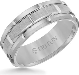 Triton 8MM Tungsten Carbide Ring with Brick Pattern Center and Flat Edge in Metallic Silver at Nordstrom, Size 10.5